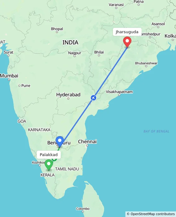 Route map showing distance and travel time from Palakkad, India to Jharsuguda, India
