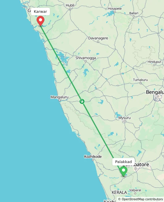 Route map showing distance and travel time from Palakkad, India to Karwar, India