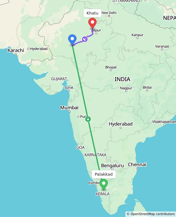 Route map showing distance and travel time from Palakkad, India to Khatu, India