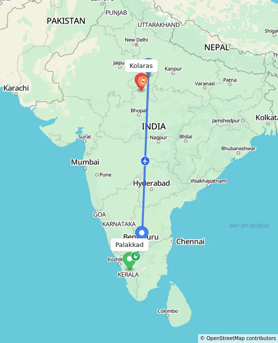 Route map showing distance and travel time from Palakkad, India to Kolaras, India