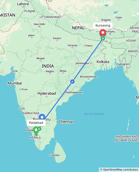Route map showing distance and travel time from Palakkad, India to Kurseong, India