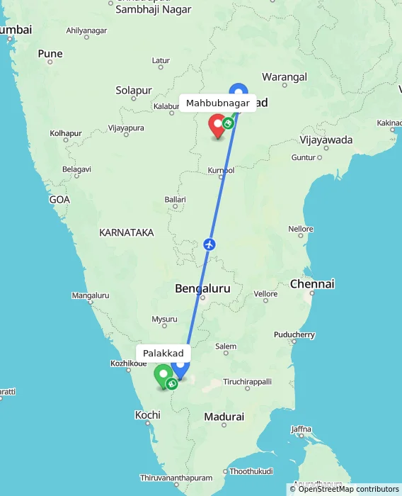 Route map showing distance and travel time from Palakkad, India to Mahbubnagar, India