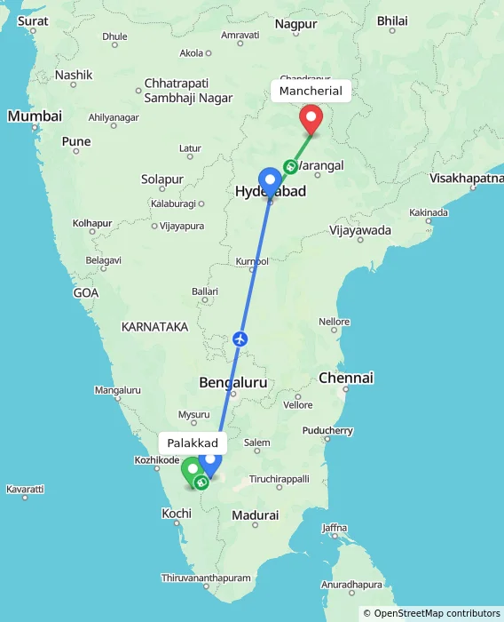 Route map showing distance and travel time from Palakkad, India to Mancherial, India