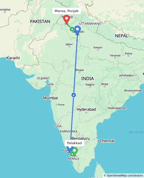 Route map showing distance and travel time from Palakkad, India to Mansa, Punjab, India