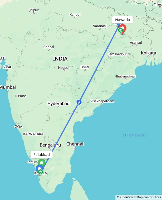 Route map showing distance and travel time from Palakkad, India to Nawada, India