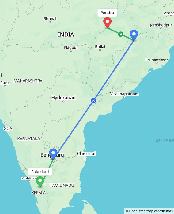 Route map showing distance and travel time from Palakkad, India to Pendra, India