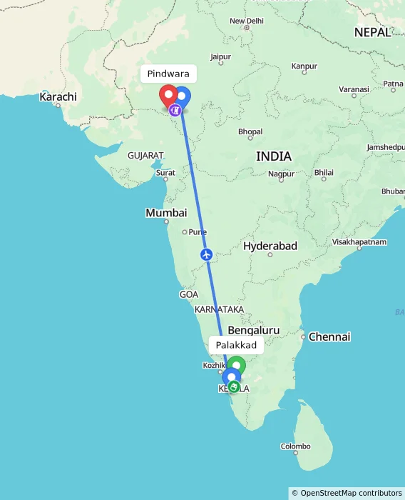 Route map showing distance and travel time from Palakkad, India to Pindwara, India