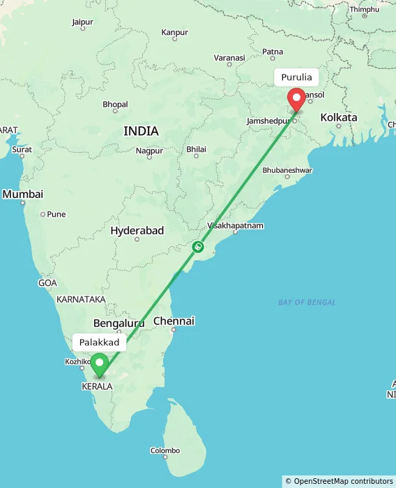 Route map showing distance and travel time from Palakkad, India to Purulia, India