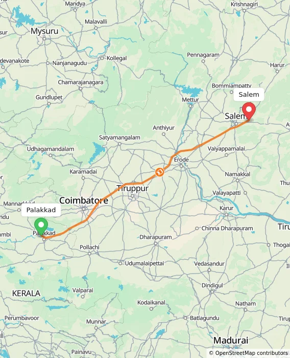 Route map showing distance and travel time from Palakkad, India to Salem, India