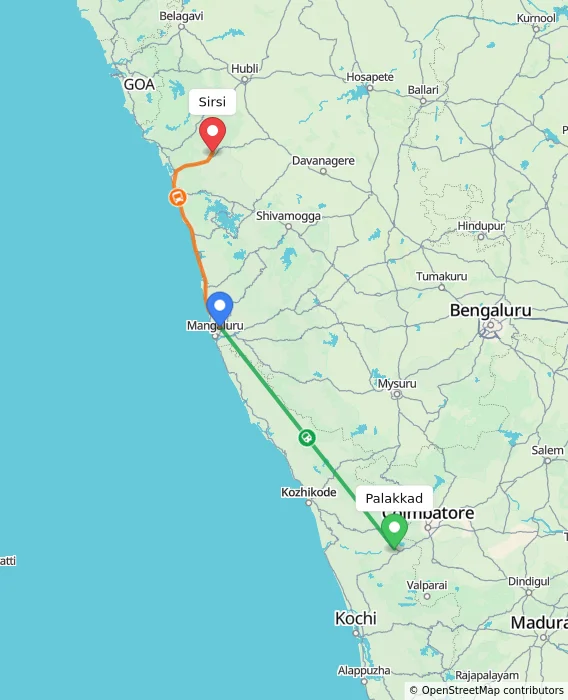 Route map showing distance and travel time from Palakkad, India to Sirsi, India