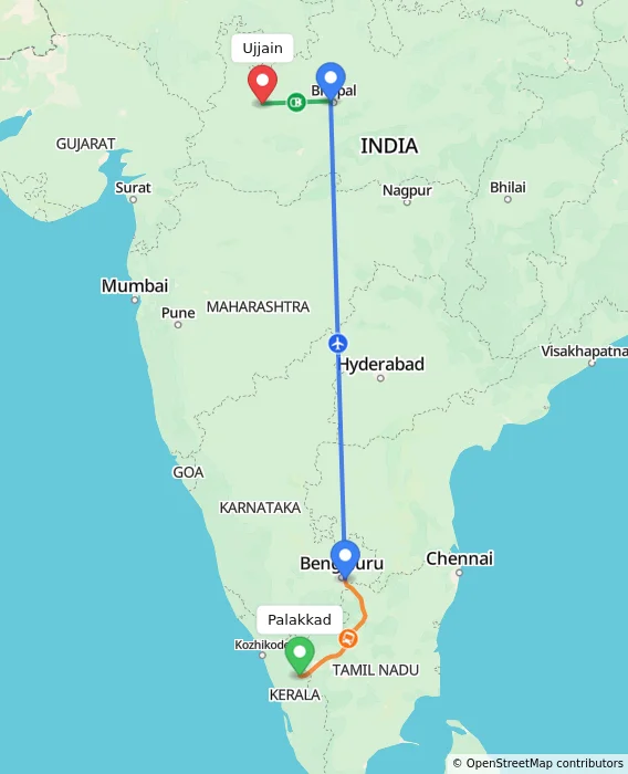 Route map showing distance and travel time from Palakkad, India to Ujjain, India