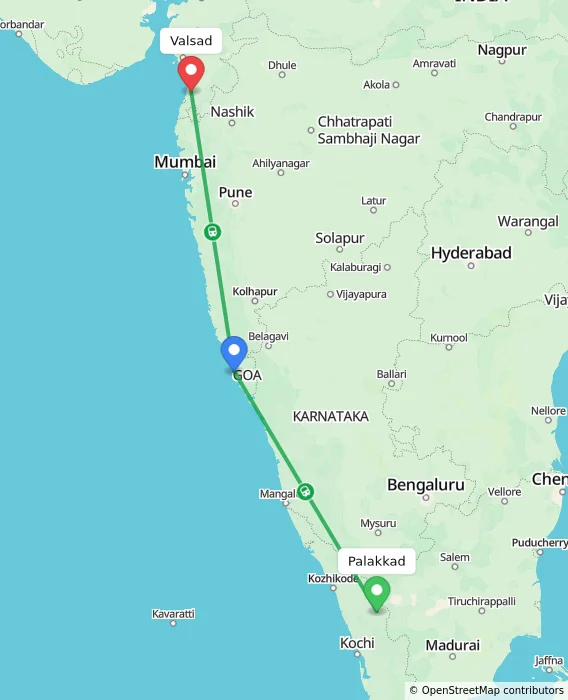 Route map showing distance and travel time from Palakkad, India to Valsad, India