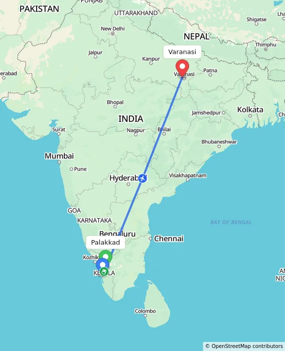 Route map showing distance and travel time from Palakkad, India to Varanasi, India