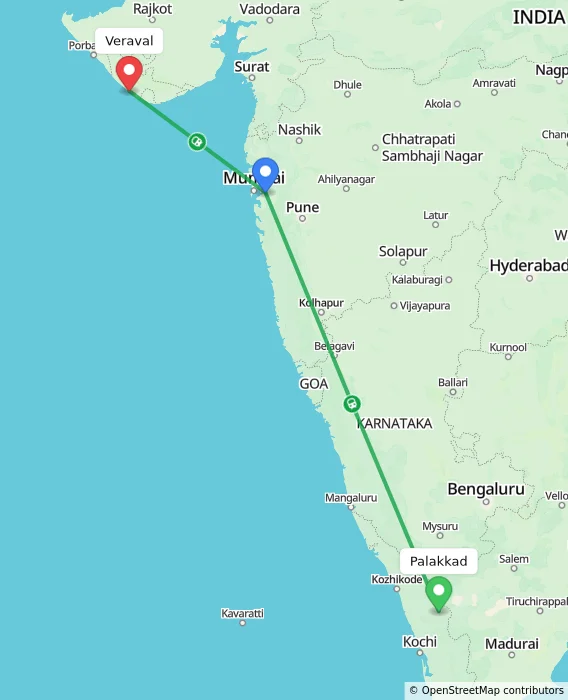 Route map showing distance and travel time from Palakkad, India to Veraval, India