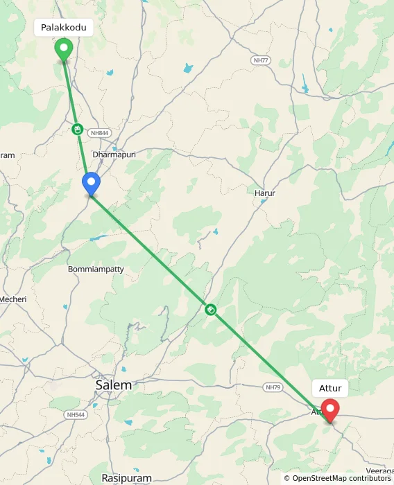 Route map showing distance and travel time from Palakkodu, India to Attur, India