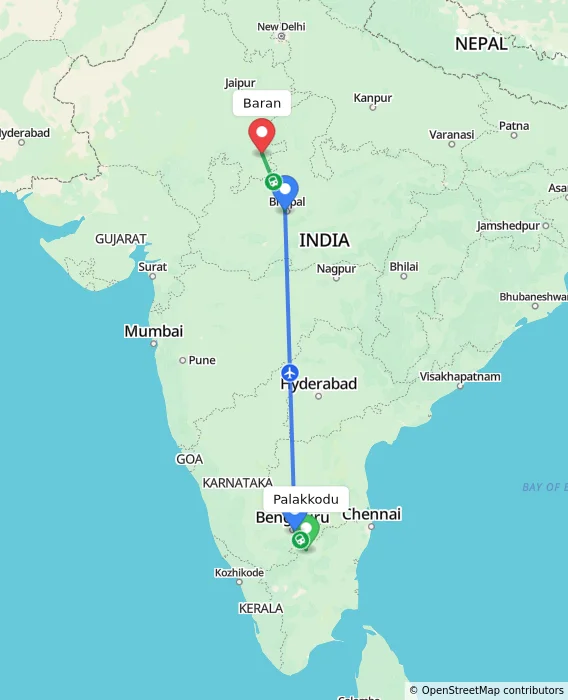 Route map showing distance and travel time from Palakkodu, India to Baran, India