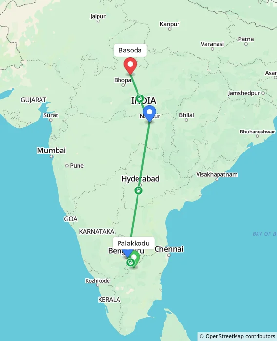 Route map showing distance and travel time from Palakkodu, India to Basoda, India
