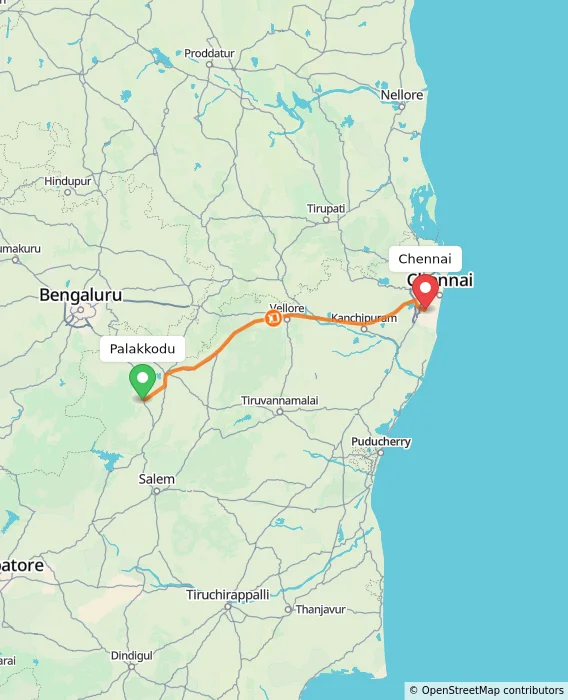 Route map showing distance and travel time from Palakkodu, India to Chennai, India