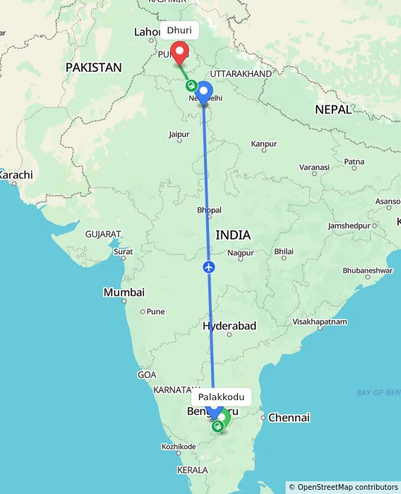 Route map showing distance and travel time from Palakkodu, India to Dhuri, India