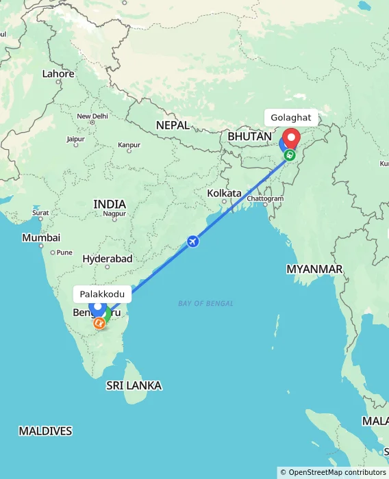 Route map showing distance and travel time from Palakkodu, India to Golaghat, India