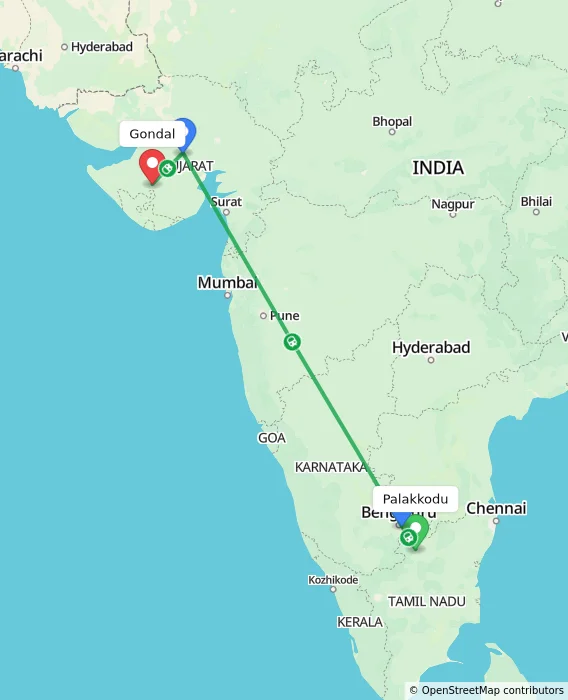 Route map showing distance and travel time from Palakkodu, India to Gondal, India