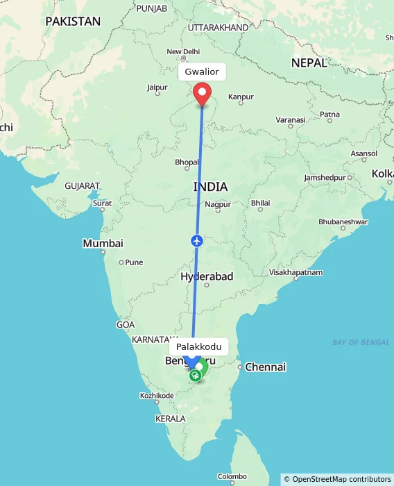 Route map showing distance and travel time from Palakkodu, India to Gwalior, India