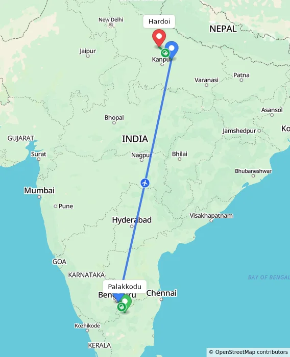 Route map showing distance and travel time from Palakkodu, India to Hardoi, India