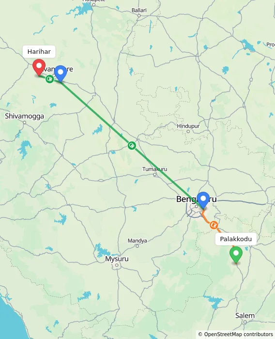Route map showing distance and travel time from Palakkodu, India to Harihar, India
