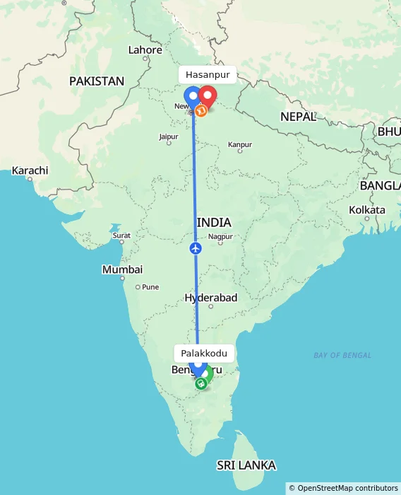 Route map showing distance and travel time from Palakkodu, India to Hasanpur, India
