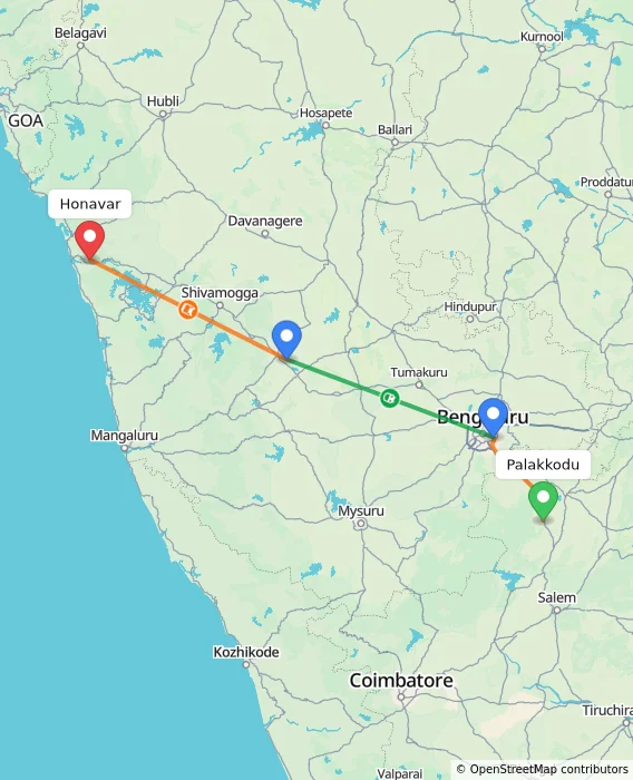 Route map showing distance and travel time from Palakkodu, India to Honavar, India