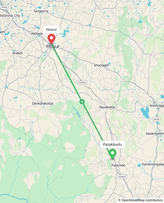 Route map showing distance and travel time from Palakkodu, India to Hosur, India