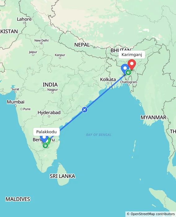 Route map showing distance and travel time from Palakkodu, India to Karimganj, India