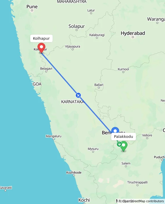 Route map showing distance and travel time from Palakkodu, India to Kolhapur, India