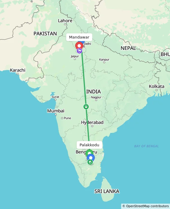 Route map showing distance and travel time from Palakkodu, India to Mandawar, India