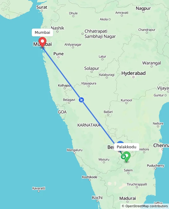 Route map showing distance and travel time from Palakkodu, India to Mumbai, India