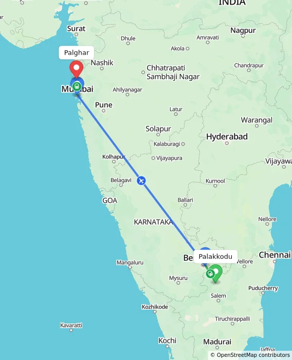 Route map showing distance and travel time from Palakkodu, India to Palghar, India