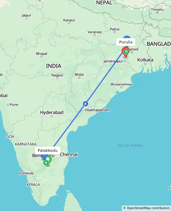 Route map showing distance and travel time from Palakkodu, India to Purulia, India