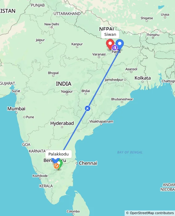 Route map showing distance and travel time from Palakkodu, India to Siwan, India