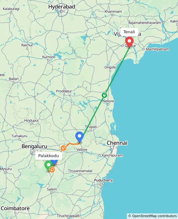 Route map showing distance and travel time from Palakkodu, India to Tenali, India