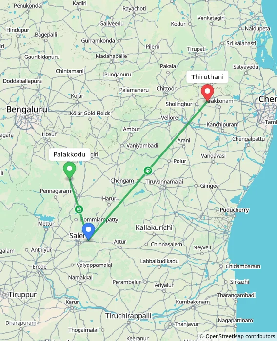 Route map showing distance and travel time from Palakkodu, India to Thiruthani, India