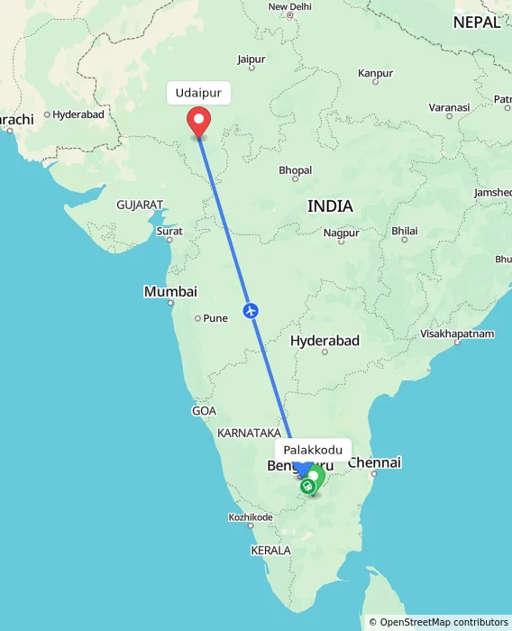 Route map showing distance and travel time from Palakkodu, India to Udaipur, India