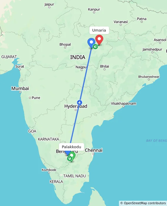 Route map showing distance and travel time from Palakkodu, India to Umaria, India