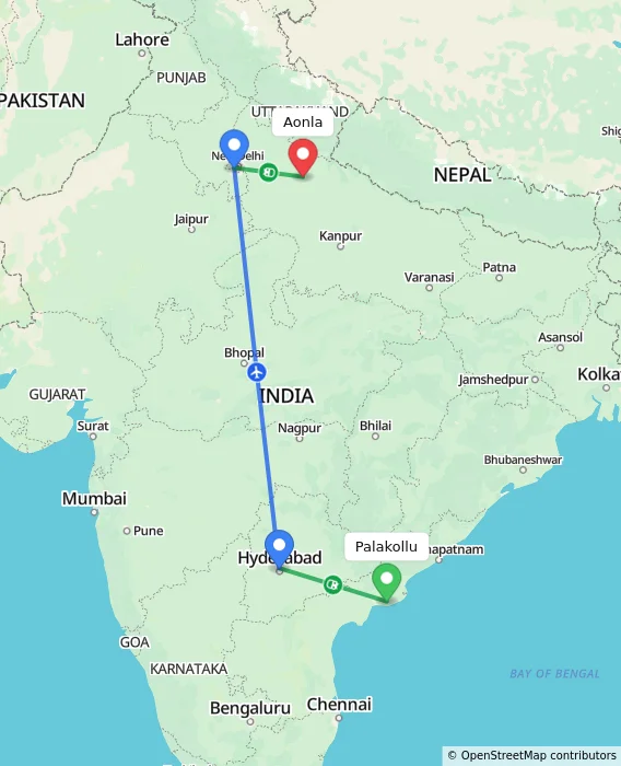 Route map showing distance and travel time from Palakollu, India to Aonla, India