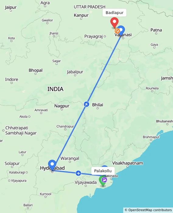 Route map showing distance and travel time from Palakollu, India to Badlapur, India