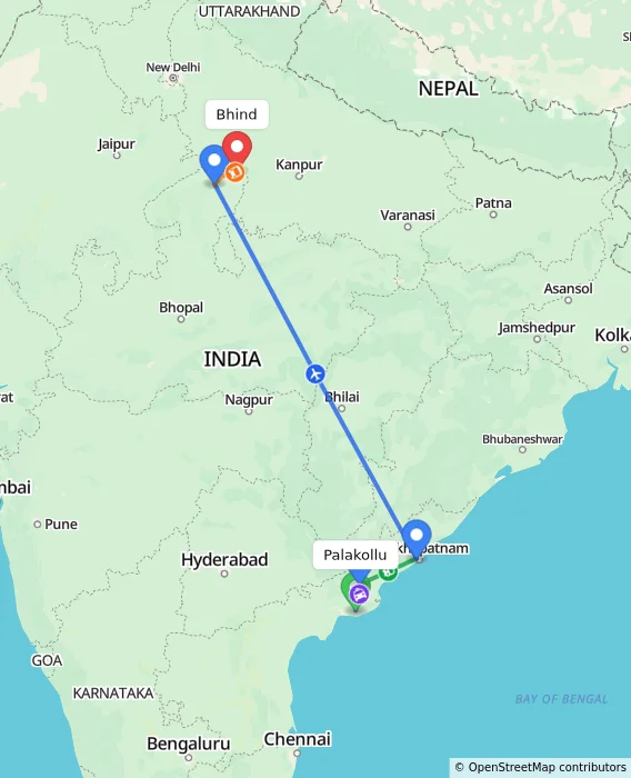 Route map showing distance and travel time from Palakollu, India to Bhind, India