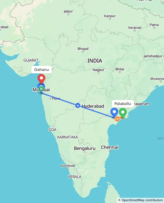 Route map showing distance and travel time from Palakollu, India to Dahanu, India