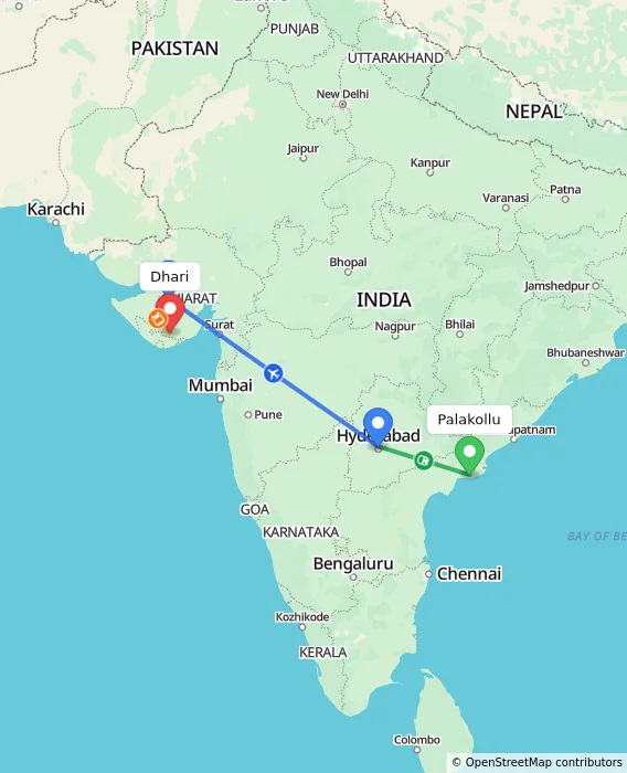 Route map showing distance and travel time from Palakollu, India to Dhari, India