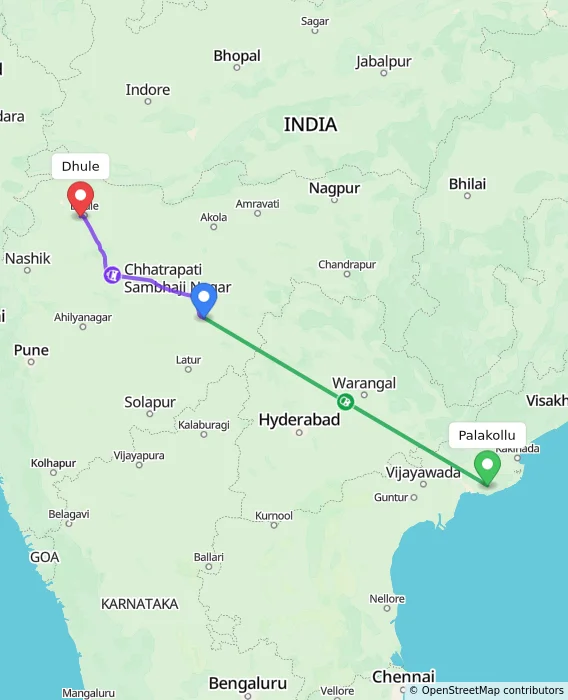 Route map showing distance and travel time from Palakollu, India to Dhule, India