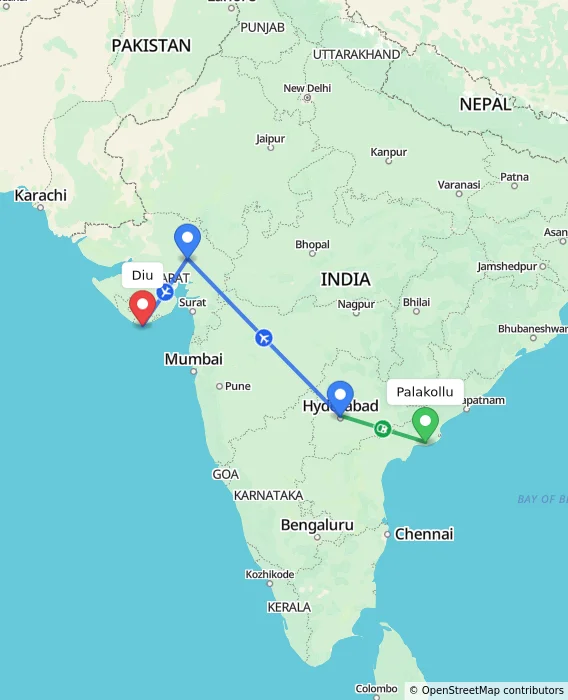 Route map showing distance and travel time from Palakollu, India to Diu, India