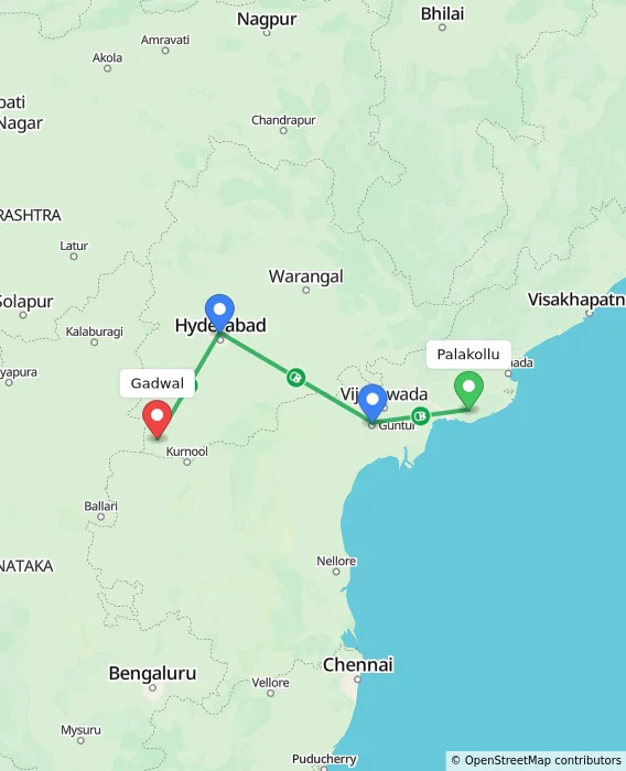 Route map showing distance and travel time from Palakollu, India to Gadwal, India